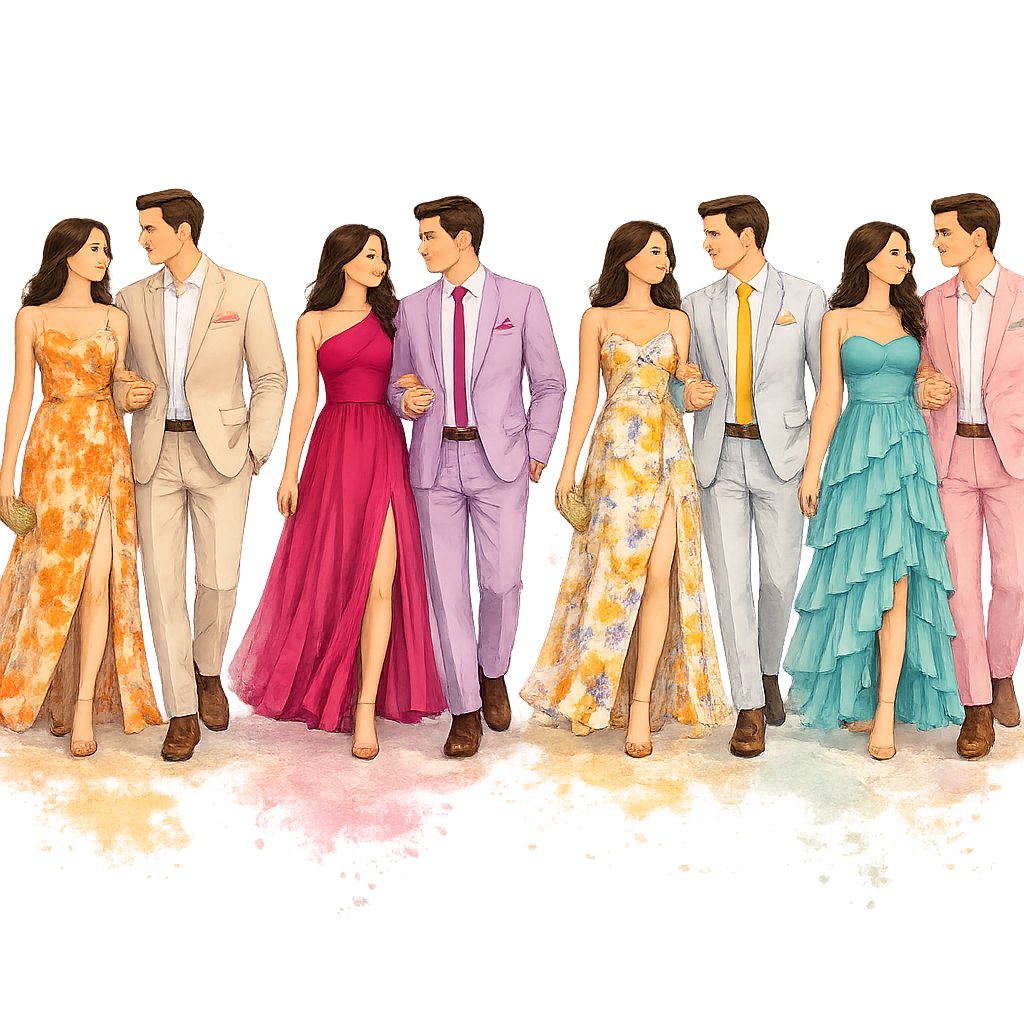 Ilustración de parejas con looks garden formal: trajes claros y vibrantes, vestidos largos y estampados